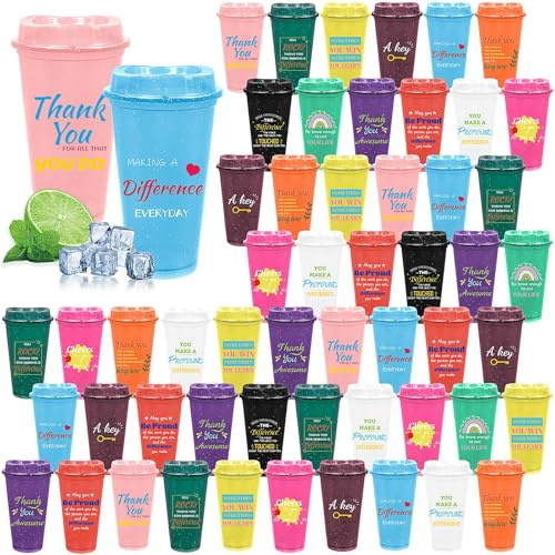 48 Pcs Reusable Thank You Coffee Cups with Lids, 470 ml Plastic Travel Mugs | Inspirational Appreciation Gifts Cups for Employee, Staff, Teachers, Nurses, Volunteers, 12 Colours