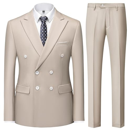 KUDMOL Men's 2-Piece Double Breasted Suit Peak Lapel Blazer Trousers Set | Classic Slim Fit Business Formal Suit Solid Elegant Outfit for Wedding Prom Office Party Dinner and Funeral