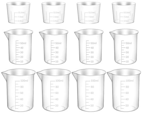 Ptwola 12 Pcs Transparent Plastic Graduated Cup Clear Lab Measuring Beaker Cup Multipurpose Mixing Container for Kitchen Cooking Science Experiment Liquid Measure Tool 15ml / 50ml / 100ml Capacity