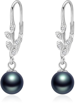 Perlenohrringe aus Sterlingsilber Blattform Schwarze Perle Baumelnde Ohrringe Leverback-Schmuck Geschenke für Damen