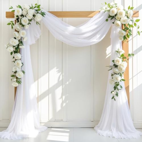 Sikweny Querbehang Freihanddeko 75×600cm Hochzeitsbogen Gardinen Weiß Querbehang Leicht Und Geschmeidig Hochzeitsbogen Weißes Design Traubogen Deko für Hochzeit Torbogen,Zeremonie,Fotografie,Party
