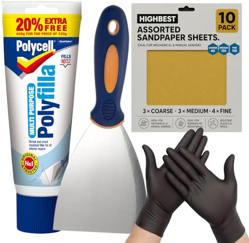 Polycell Polyfilla Ready Mixed Tube 396g with HIGHBEST 4 Metal Filling Tool & 10 Mixed-Grit Sandpaper Sheets | Interior & Exterior Wall Filler for Cracks, Holes, Plaster, Wood & Stone Repair Kit