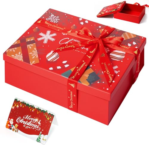 Samlior Geschenkbox für Weihnachten 29x21x10,5cm, Geschenkkarton mit Deckel, Faltbar Geschenkboxen mit Grußkarte Raffiabast und Schleife für Weihnachtsdekoration