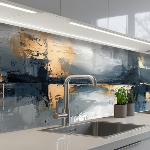 KitchenYeah© Splashback for Kitchen self Adhesive Sink Splash Splatter | 24x79 / 60x200 cm - Guard Backsplash Decor Art - Gray - Gold - Abstract