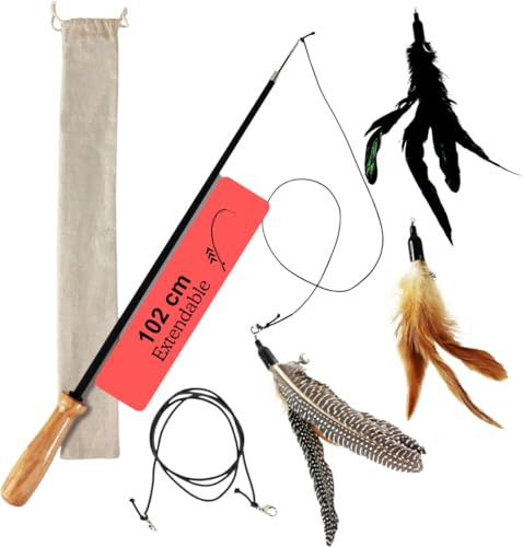 Jooier Premium Katzenangel Set, 102 cm Ausziehbar, Naturholz Griff mit 3 Federanhängern, Elastische Schnur, Aufbewahrungsbeutel, Interaktives Katzenspielzeug