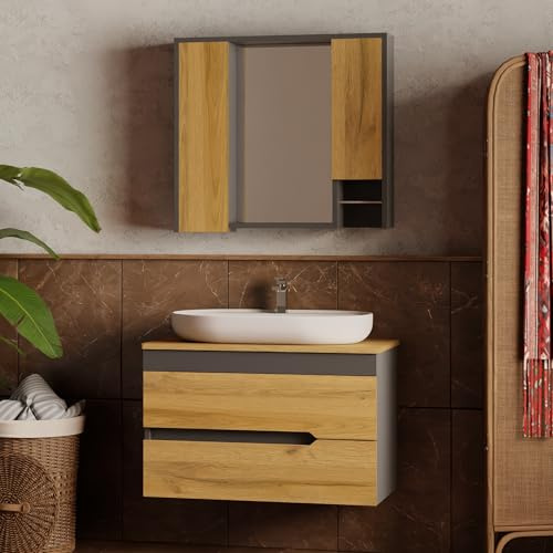 Badmöbel Set Eiche & Anthrazit Marmara | Waschtisch mit Unterschrank und Spiegelschrank in 60/80/100 cm | Badezimmerschrank-Set | Keramikwaschbecken | Handtuchstange | Softclose (80 mit Konsole)