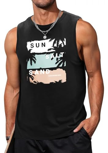 Lonya Débardeur Homme Tee Shirt sans Manche Sport Été Coton Col Rond Imprimé Plantes Palmiers Lettres Estivales Casual Fitness Gym Basic Tops, Noir, XL