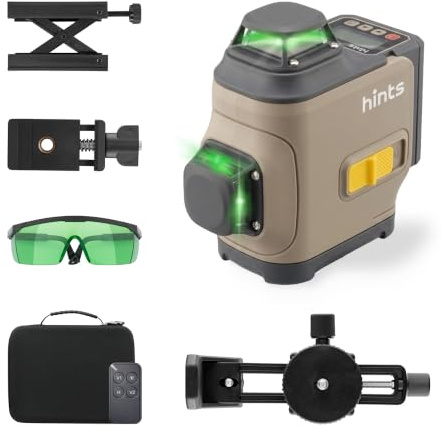 Hints 4D Laser Level Self-Leveling 4x360°, 4 Beams, 100Ft, ±1/12 Accuracy, IP54, Outdoor Pulse Mode, Remote and Gesture Control, Type-C Chargin, Storage Case and Extra Li-ion Battery Included