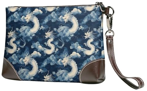 Petit sac à main pour femme – Portefeuille portable en cuir avec dragonne et imprimé dragon cool bleu