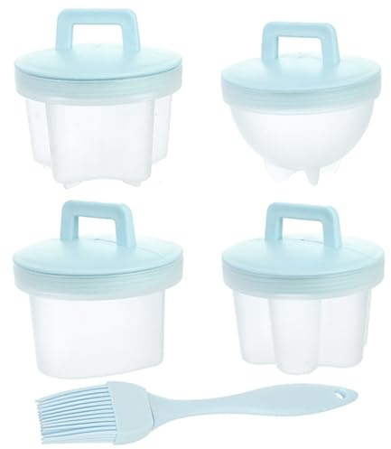 Tazas para huevos escalfados, 4 piezas, resistente a altas temperaturas, molde para huevos duros con cepillo de aceite, olla para hacer escalfados, para desayuno de niños, azul - Máquina para hacer