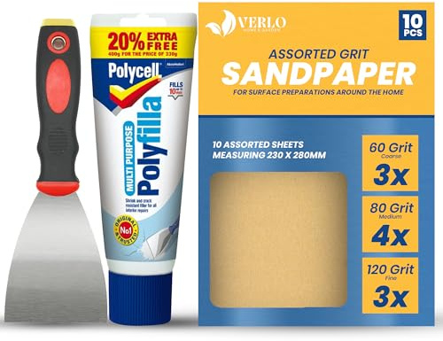 Polyfilla Wall Filler Kit 400g + 3 Scraper, 10 Sandpaper Sheets in 3 Grits | Polly filler for walls | Polyfilla wall filler ready mixed for holes, white wall repair paste that dries fast, no shrink