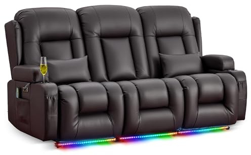 LIFTSHA Dreisitzer Relaxsessel mit Liegefunktion, Fernsehsessel Elektrisch Verstellbar mit Heizung & Vibrierende Massage, TV Sessel Heimkino Sitze mit Umklappbare Mittelrückenlehne, Dunkelbraun