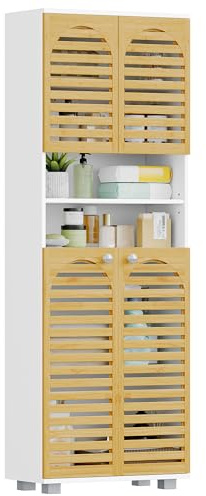 Hzuaneri Meuble Salle de Bain, Armoire de Rangement en Bambou avec 4 Portes | Meuble de Rangement avec Étagère Réglable en Bambou, pour Salle de Bain, Salon, 30 x 60 x 171,5 cm Blanc SC17103X