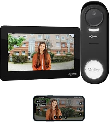 GOLIATH® Funkklingel mit Kamera & Gegensprechanlage [MIT SMARTPHONE-APP] - Türklingel mit Full HD Kamera & Monitor Schwarz - Video Sprech - & Klingelanlage mit Türöffner - Videotürklingel ohne Kabel