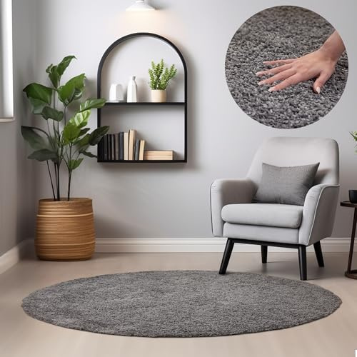 HomebyHome Shaggy Hochflor Teppich, 160 cm Rund, Grau, weich, flauschig, modern, einfarbig, Für Wohnzimmer oder Schlafzimmer, für Wohnzimmer Schlafzimmer Flur