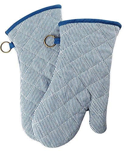 1 Pair Yarn Dyed Oven Mitts 100% Cotton Heat Resistant 470 Degree Gloves Men Women Cooking Baking Barbecue BBQ Microwave Crafting Machine Washable Pot Holders Mittens (blue2)