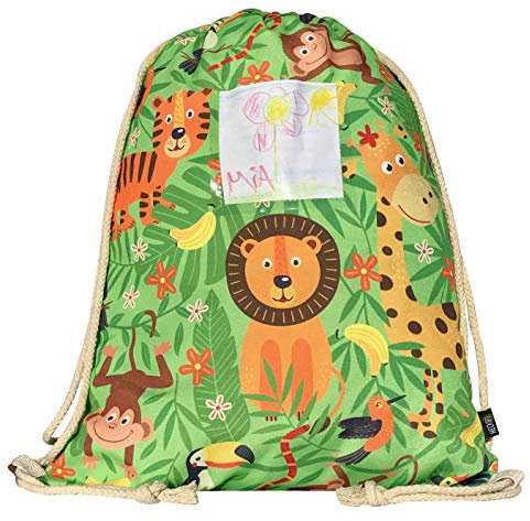 HECKBO Sac de gym pour enfants avec fenêtre pour photos - Jungle - Lavable en machine - 40x32cm - Maternelle, voyage, sport - Sac à dos pour garçon et fille