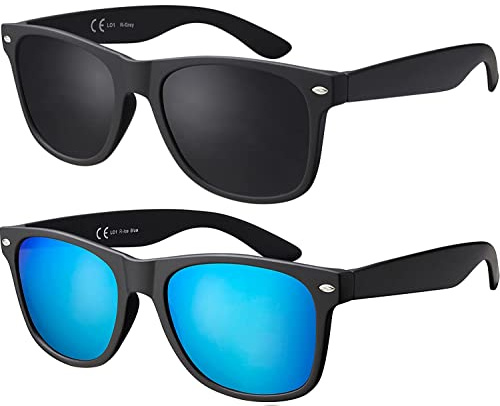 La Optica B.L.M. unisex-solglasögon, UV400 CAT 3 CE, inkl. glasögonpåse och rengöringsduk, speglade, polariserade, gradient-varianter, Uppsättning av 2 gummerad svart (glas: 1 x grå, 1 x ljusblå speglad), 53