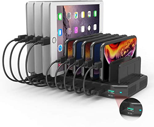 Alxum 10 Multipla Porte Stazione di Ricarica 60W con Carica Rapida QC3.0, Caricabatteria Multiplo USB Caricatore Multiplo Smartphone con divisori staccabili, Nero