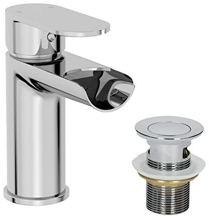 Architeckt® Edsberg Bathroom Waterfall Basin Sink Mixer Tap with Waste Modern Mono Round Single Lever Handle Faucet for Sinks, Chrome