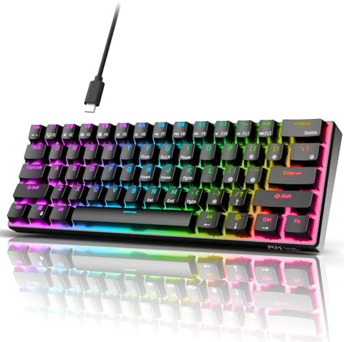 RK ROYAL KLUDGE RK61 Clavier de jeu filaire 60 % mécanique programmable QMK/VIA RVB rétroéclairé 61 touches Ultra-compact Hot Swap Marron Commutateur Noir