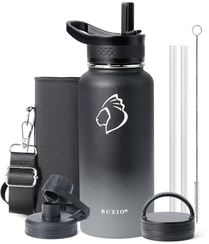 BUZIO Botella Termica 1 litro, botella agua acero inoxidable botellas de agua, Sin BPA Mantiene Frío o Calor 48 Horas, negro gris