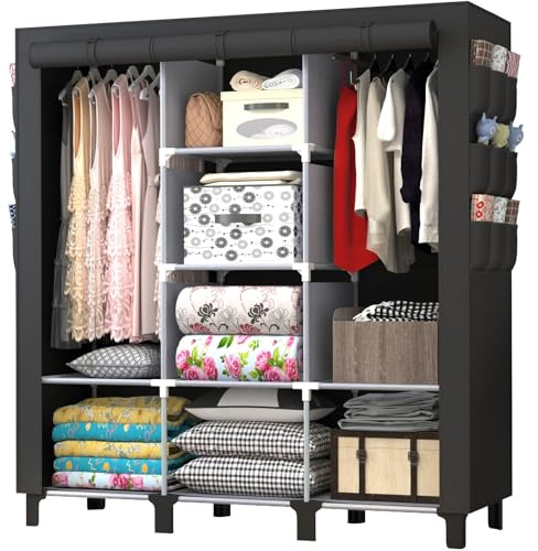 chunyangjingpin Tragbarer Kleiderschrank mit 2 Kleiderstangen und 8 Regalen, Schlafzimmerschrank mit 18 Seitentaschen, klappbarer Kleidungsorganisator (schwarz)