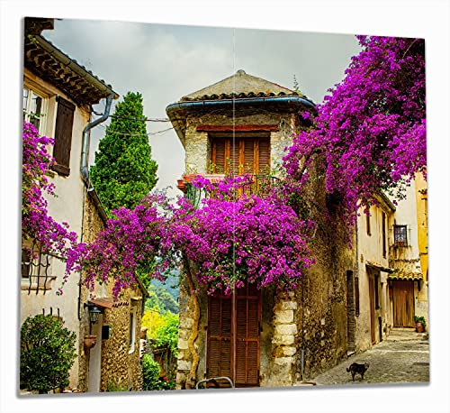Wallario Herdabdeckplatte/Spritzschutz aus Glas, 2-teilig, 60x52cm, für Ceran- und Induktionsherde, Malerische Stadt in der Provence mit bunten Blumen