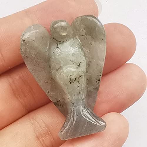 Manekieko Natürliche Grauer Mondstein Heilung Kristall Gebet Schutzengel Statue,38mm Schnitzen Tasche Palm Stein Figuren Dekoration