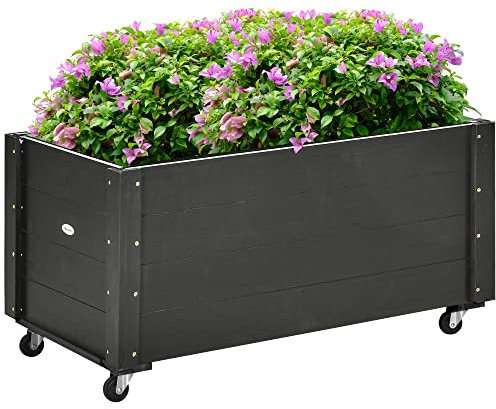Outsunny Bac de Jardin Surélevé en Bois Massif avec Roulettes pour Plantation et Fleurs - 89x48x47cm
