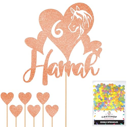 Personalised Horse Pony Love Heart Glitter Cake Topper - Rose Gold Custom Age & Name Glitter Cake Decoration and Sprinkles - Happy Birthday Decorations - Personalised Toppers for Cakes by Cakeshop