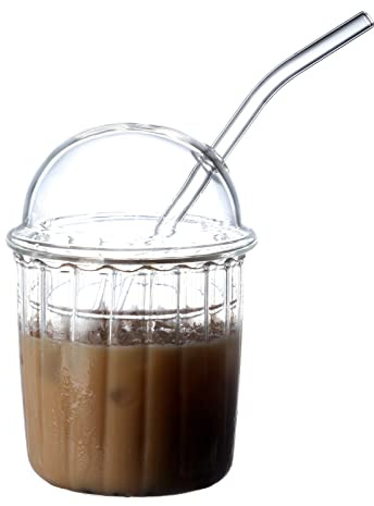 TITA-DONG Joli Verres à Boire avec Couvercle en Dôme en Verre et Paille, Tasses à Smoothie Réutilisables à Large Bouche 15 Oz Tasse à Café Glacée en Verre Gobelet Tasse à Thé à Bulles en Verre(Blanc)