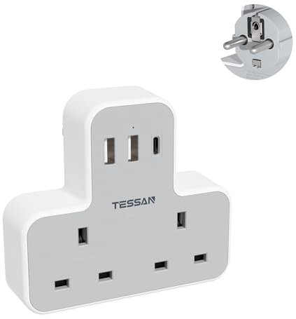 UK to European Travel Plug Adapter, TESSAN EU Adapter with 3 USB Ports (1 USB C), 2 Way Adaptor UK to Europe, Euro Plug for Spain Germany France Turkey Greece Portugal Type E F