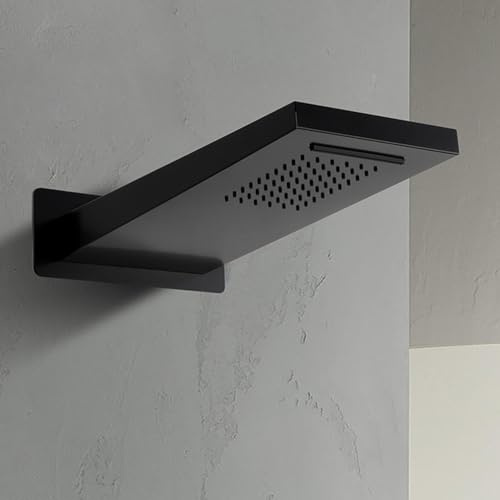 Soffione doccia a sbalzo nero opaco 22x50 con cascata ed effetto pioggia, in acciaio inox