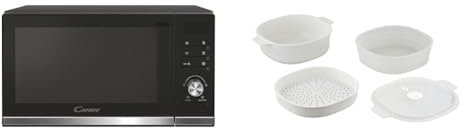Candy New Timeless CMGA23TNDB, Microonde con Grill, 23 Litri, Piatto Girevole 27 cm, Potenza 900 W-1000 W, Nero + Pentola a Vapore per Microonde. Contenitore Ideale per Cuocere a Vapore, Con 2 Vassoi