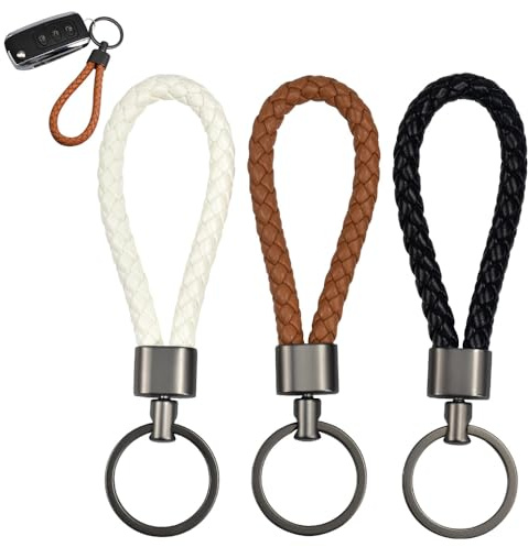 MININUSI 3 PCS Porte-Clés en Cuir Tressé, Porte-clés de voiture à la mode, PU Porte-clés de Voiture Homme Femme Alliage de Zinc, Auto Porte-clé pour Clés, Pendentifs, Cadeaux (Noir/Blanc/Café)