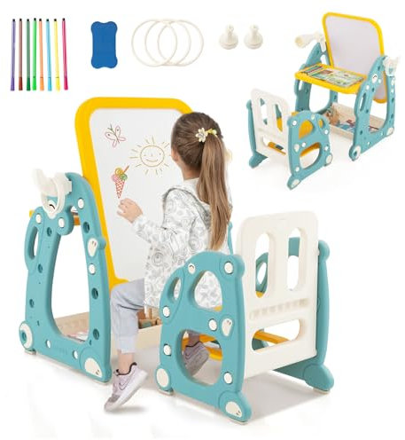HOMASIS Cavalletto da pittura per bambini con sedia, lavagna per bambini ad altezza regolabile, tavolino multifunzione e salvaspazio, con penne, gomma per lavagne bianche, blu e giallo