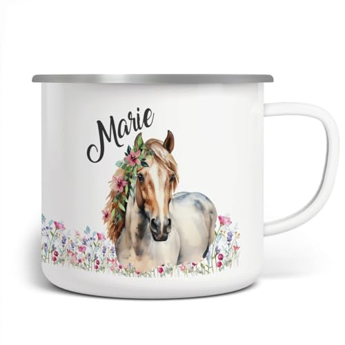 miKalino Emaille Tasse Mädchen - Trinkbecher Kinder personalisiert - Emaille Becher mit Pferd mit Blumen und Wunschname-Motiv - Kindertasse mit Namen - Kindertasse bedruckt,
