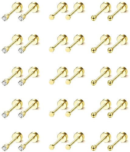 FIOROYAL 15 Paare 14K Vergoldeter Ohrstecker Set für Herren Damen Klein Fake Creolen Ohrringe Chirurgenstahl Flat Piercing Ohr 20G Tragus Helix Piercings Gold Medizinische Ohrstecker Set