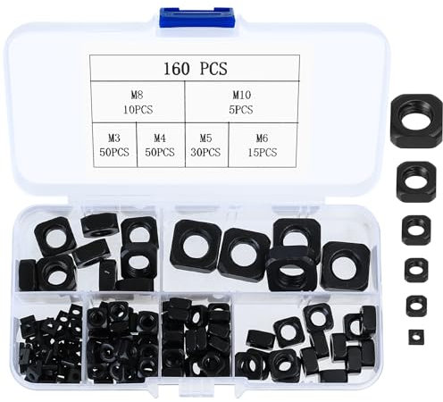 160 Stücke M3 M4 M5 M6 M8 M10 Kohlenstoffstahlmuttern, metrische Muttern, Vierkantmuttern, Vierkantmuttern, Gewindemuttern, eingebettete Muttern, Schraubenmuttern