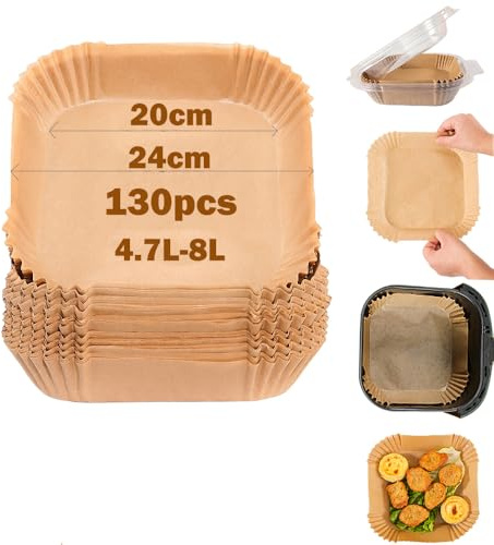 130 pcs Backpapier für Heißluftfritteuse,ölfest&Wasserfest,Luftfritteuse Backpapier for 4.7L or above(20-24cm/square/130pcs)