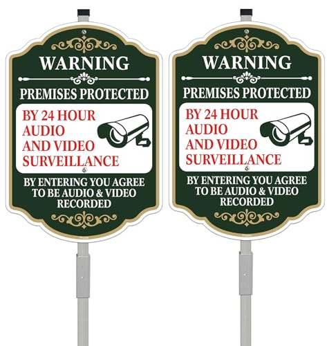 Phyabe Premises Protected by 24 Hour Audio and Video Surveillance Sign | with Stake 2 Pack 35 x 25 cm Aluminum Sign With 35 Total Length Durable Stake Weather Resistant, Waterproof, Easy to Install