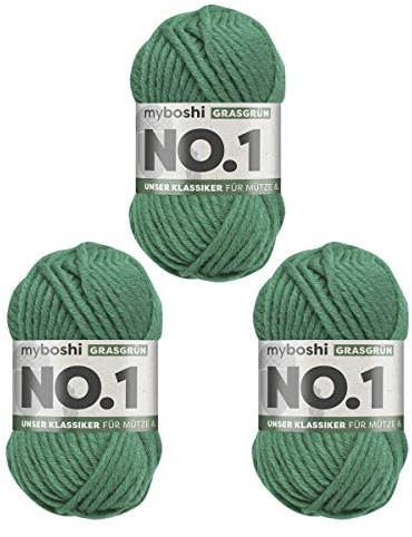 myboshi No.1 Wolle zum Häkeln und Stricken, Schnellstrickgarn, langlebige Mützenwolle, Strickwolle, Häkelwolle, mulesing-frei, 50g, Ll 55m Grün (Grasgrün) 3 Knäuel