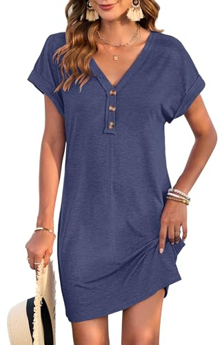 MOLERANI Women Tunic Casual Tshirt Dress Short Sleeve Swing Plain Tunic Dresses V Neck Summer Vacation Button Mini Sundresses, Navy Blue, M