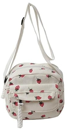 Huipalon Süße Umhängetasche, Erdbeer-Kord, Tragetasche, Geldbörse mit breitem und langem Riemen, süße kleine Umhängetasche, Kuriertasche, Cord-Handtaschen, Geschenk für Mädchen (weiß), weiß, 7*7.8