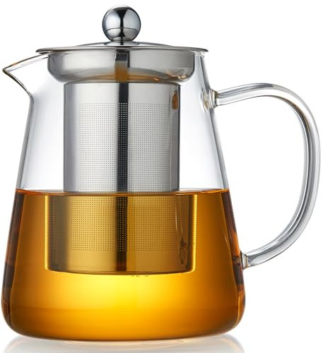 MESNEY Tetera de vidrio con infusor de 550 ml, tetera de vidrio de borosilicato con infusor desmontable de acero inoxidable, hervidor transparente para hojas sueltas, té floreciente y bolsas de té