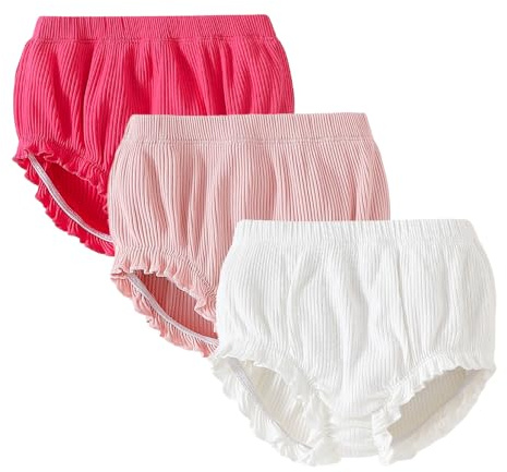 SOBOWO 3-Pack Bloomers for Baby Girls Diaper Covers Ribbed Ruffle Solid Triangle Baby Girl Shorts Summer Toddler Underwear(Rose/Pink/White, 18-24 Months)