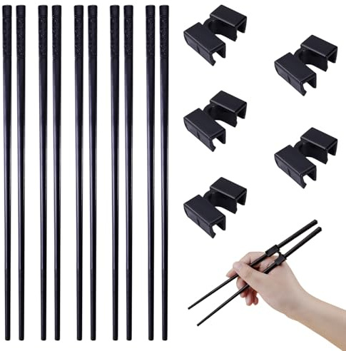 Leikedun 5-Paar Fiberglas Essstäbchen und Essstäbchen Trainer Helfer, Spülmaschinenfest, Rutschfeste, Schwarz, Sushi Chopsticks Aus Legierung(24cm), für Erwachsene und Kinder