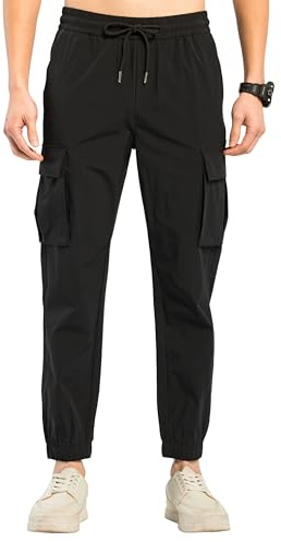 TONY BACKER Pantaloni Cargo da Uomo, Tessuto Leggero Estivo, Vita Elasticizzata con Lacci 2223 (IT, Testo, M, Regular, Regular, Nero)