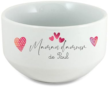 Bol Céramique 600ml Maman d’amour de [Prénom(s)] – Cadeau Fête des Mères Personnalisé – Design Petits Cœurs Roses – Bol Petit-Déjeuner Tendre et Unique